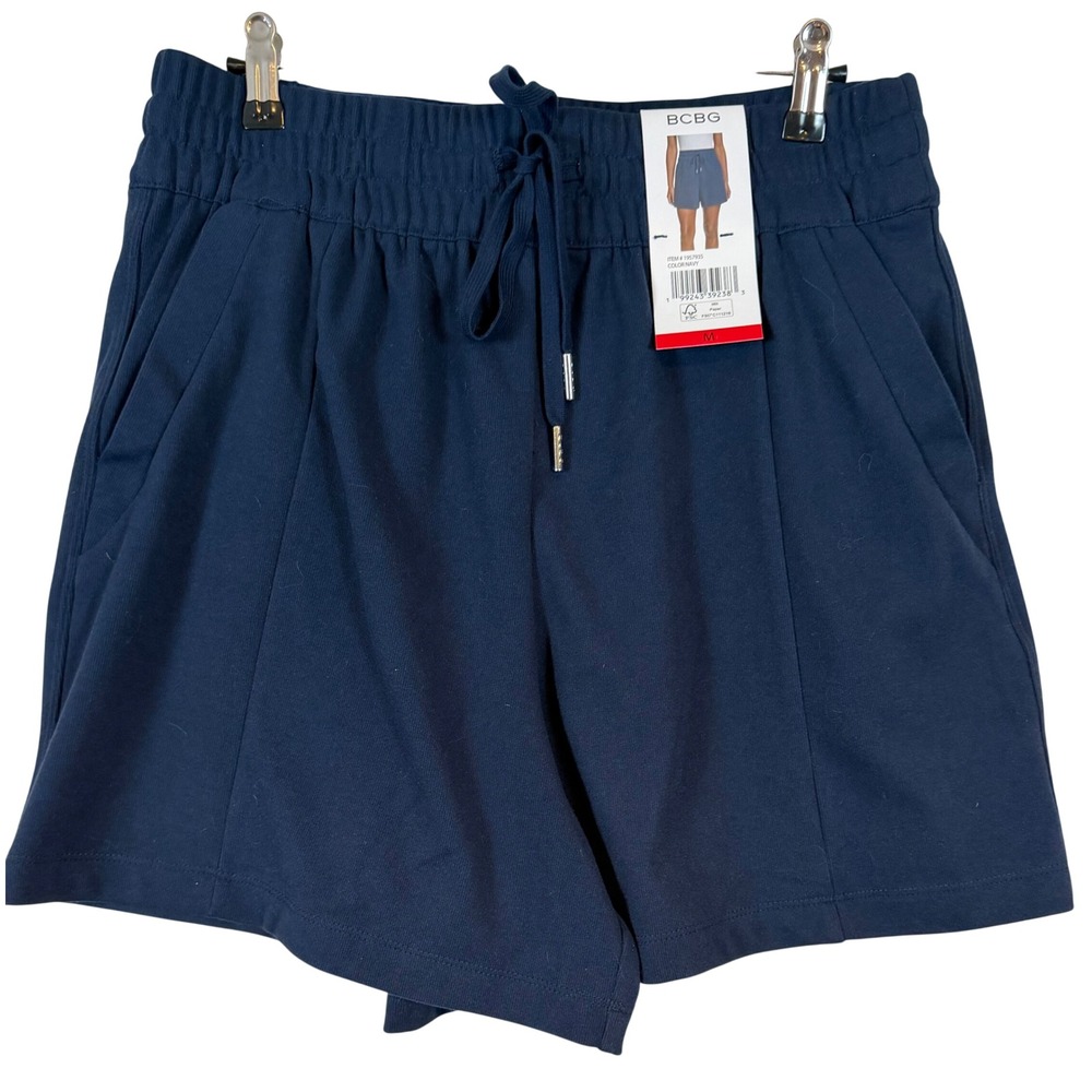 BCBG Womens Navy Blue Knit Drawstring Shorts Pockets •M• Athleisure Sporty Prep